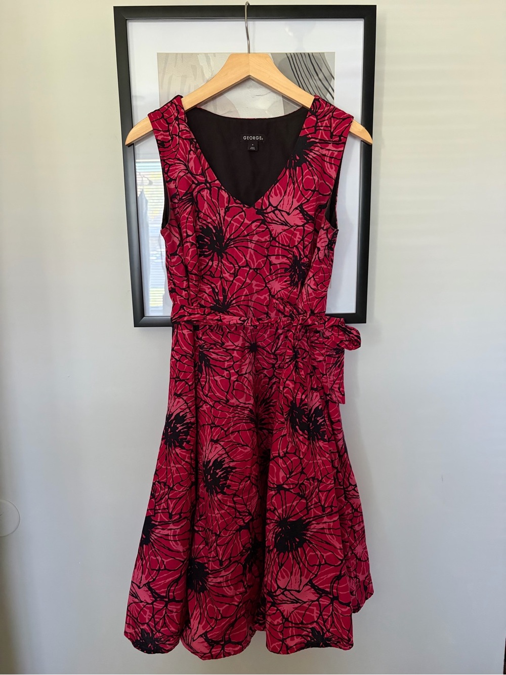 George Fuchsia and Black Floral V-Neck Midi Dress